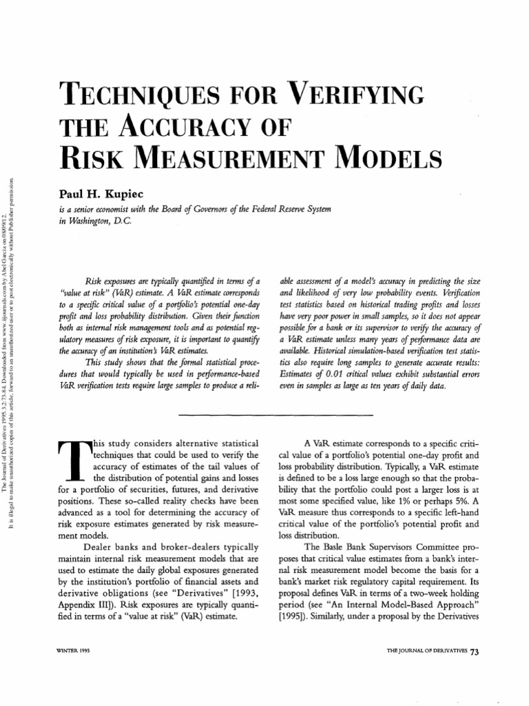 Kupiec's Techniques for VaR Accuracy | PDF | Value At Risk | Derivative ...