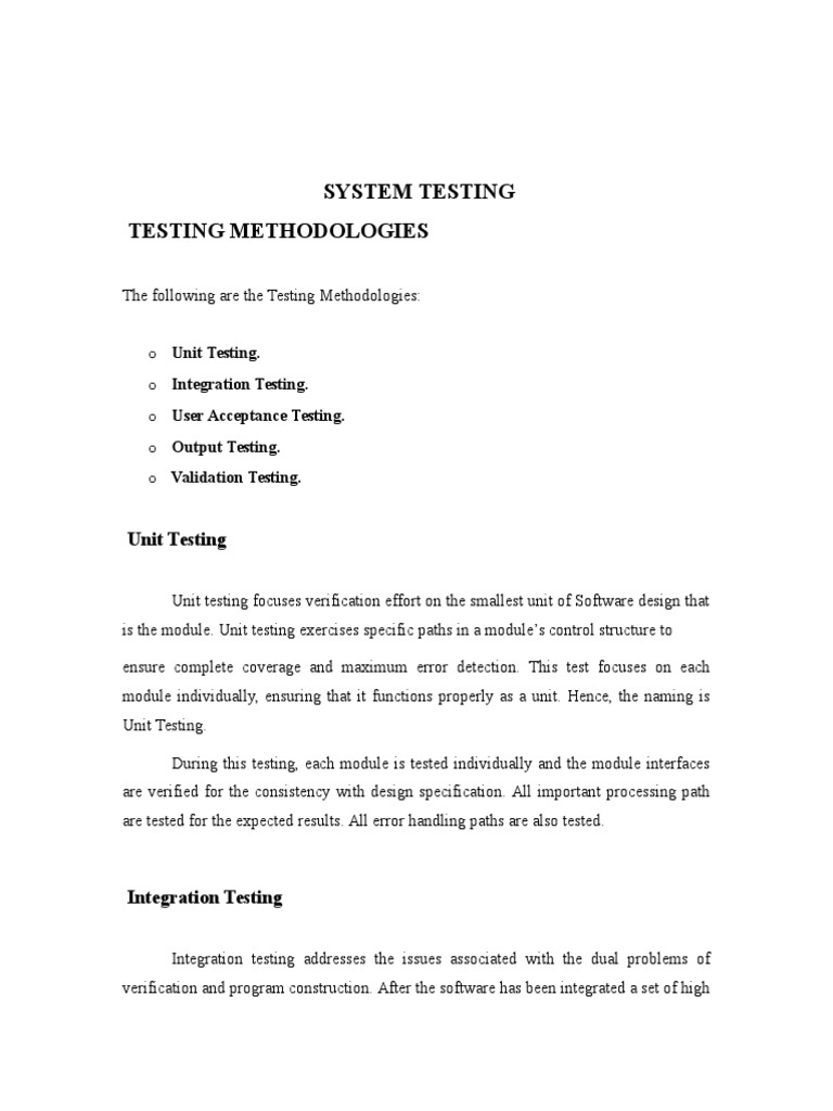 System Testing Testing Methodologies PDF Unit Testing Software