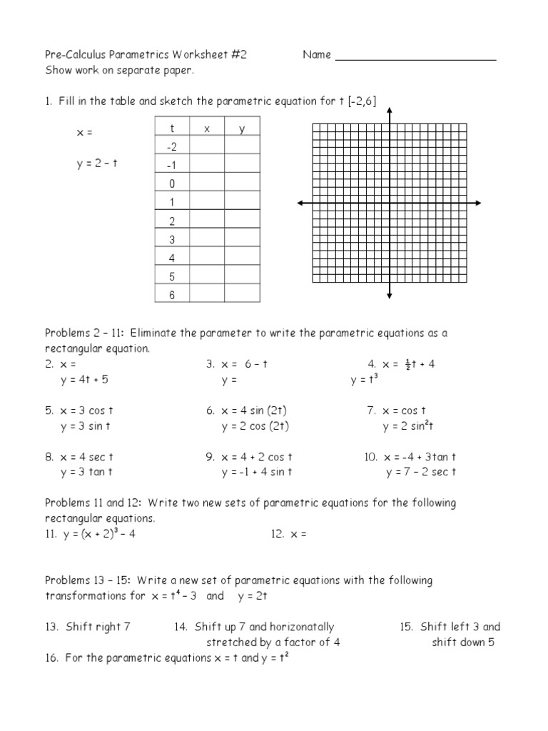 Worksheets Parametric Equations Worksheet parametric worksheet plane geometry softball