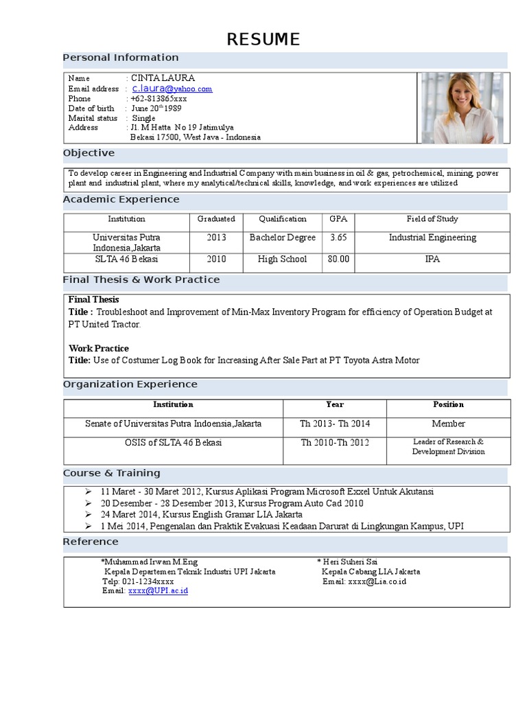 Contoh Format CV Fresh Graduate 2 | Engineering | Academia ...