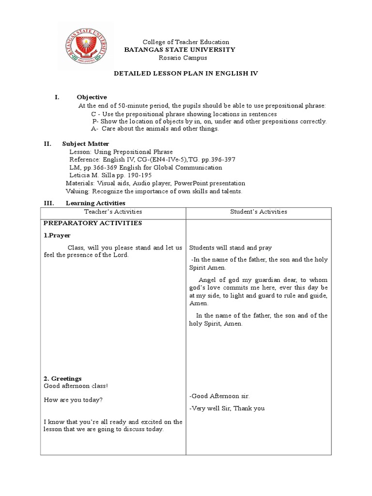 Edited Detailed Lesson Plan Preposition And Postposition Phrase