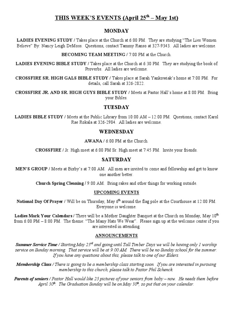 This Week'S Events (April 25 May 1st) Monday PDF Religious