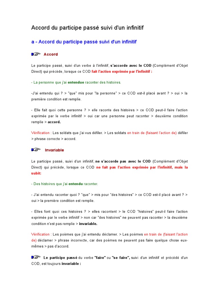Exercices Accord Participe Passé 6ème à Imprimer Accord Du Participe Passé Suivi D'infinitif | PDF | Règles | Mécanique du  langage