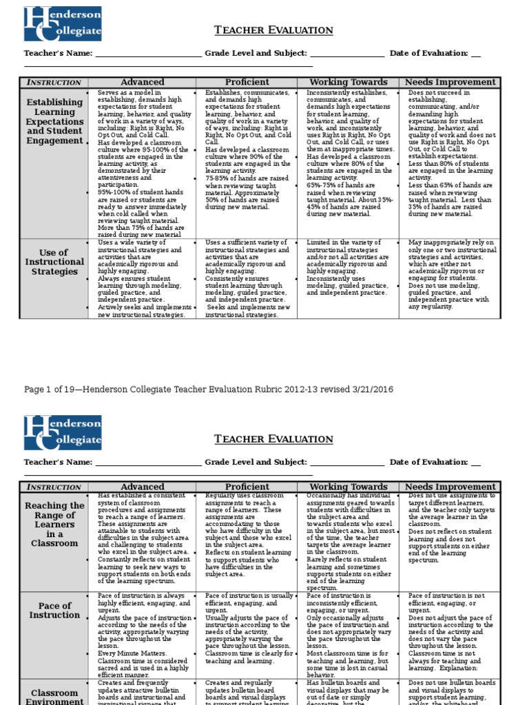 Teacher Evaluation Rubric Overview | PDF | Educational Assessment ...