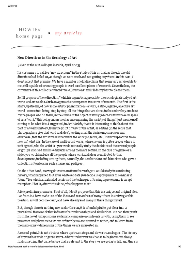 Becker New Directions in the Sociology of Art Sociology Aesthetics