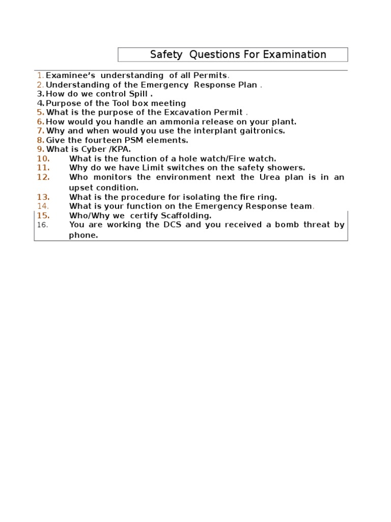 Safety Examination Questions Overview | PDF