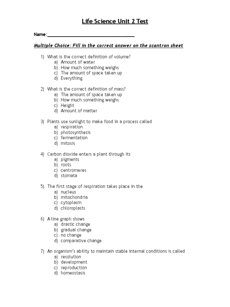 Life Science Unit 2 Test Multiple Choice Fill in The Correct Answer