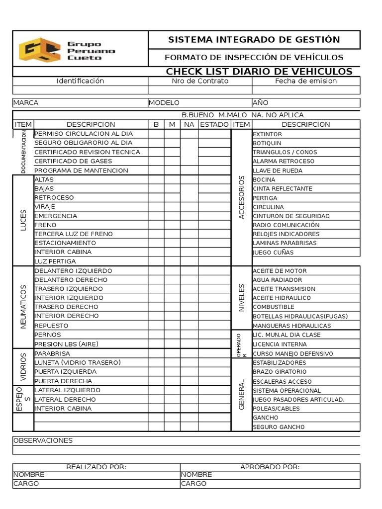 Formato de check list de vehiculos pdf