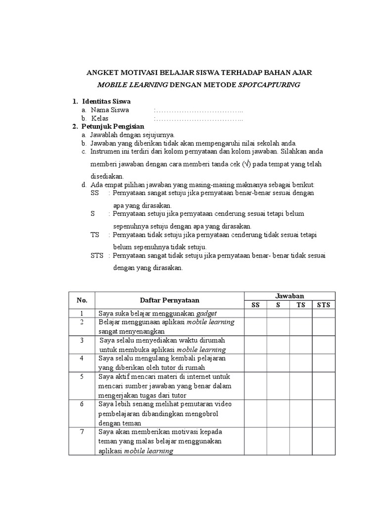 Contoh Angket Motivasi Belajar Matematika Siswa Cara Mengajarku - Riset