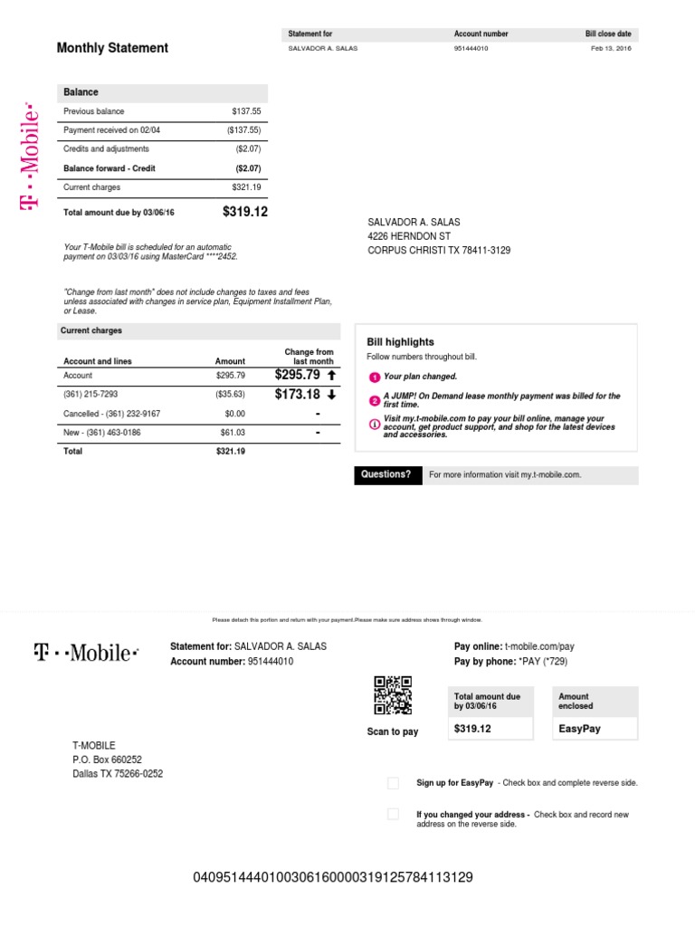 T-Mobile Monthly Bill Statement Sample | PDF | T Mobile Us | Fee