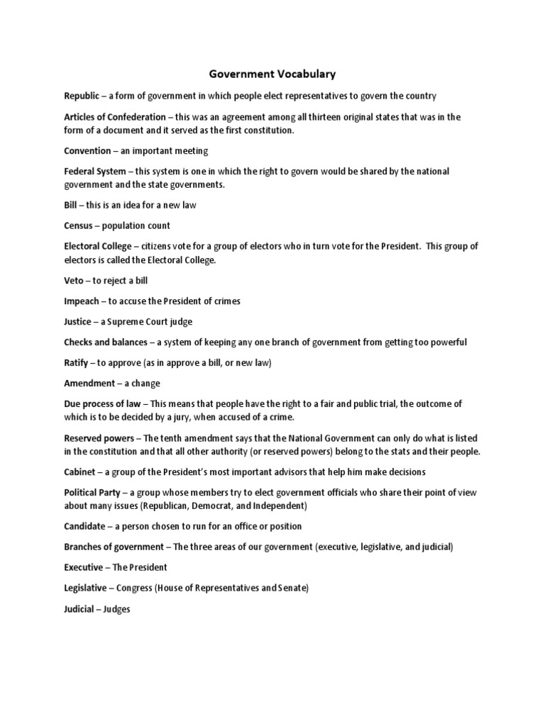 government vocabulary and study guide Federal Government Of The