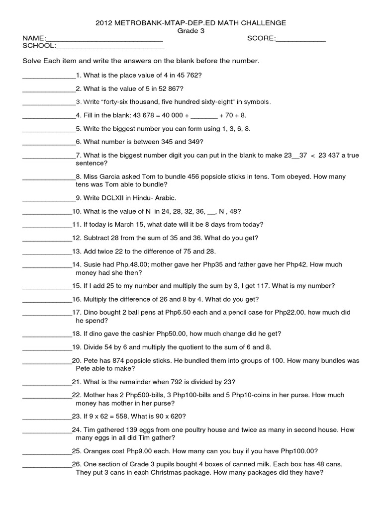 Grade 3 MTAP Math Challenge Review | PDF | Teaching Mathematics | Science