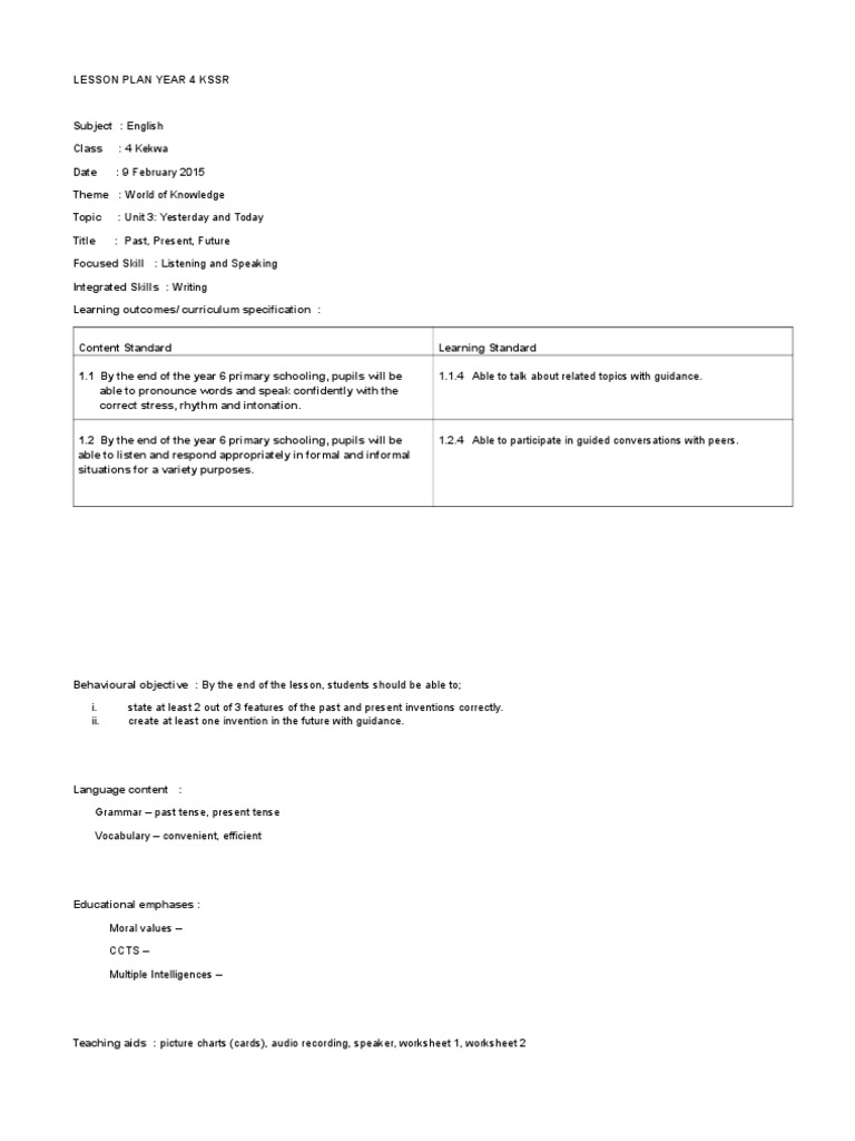 Year 4 English Lesson Plan: Time Concepts | PDF | Lesson Plan | Teachers