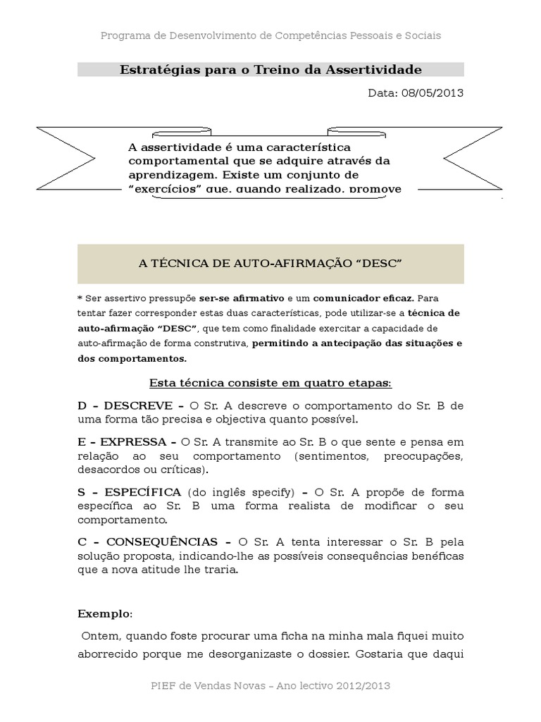 Técnicas Para O Treino Da Assertividade Pdf Comportamento Comunicação
