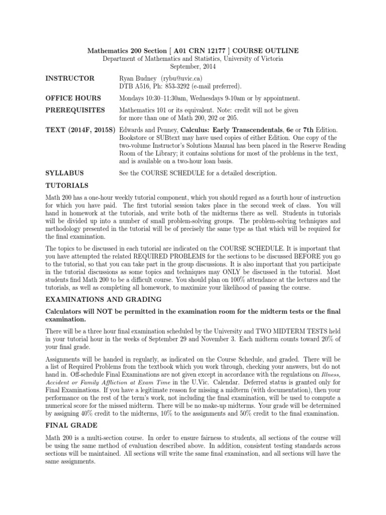 MATH 200 Course Outline | PDF | Final Examination | Test (Assessment)