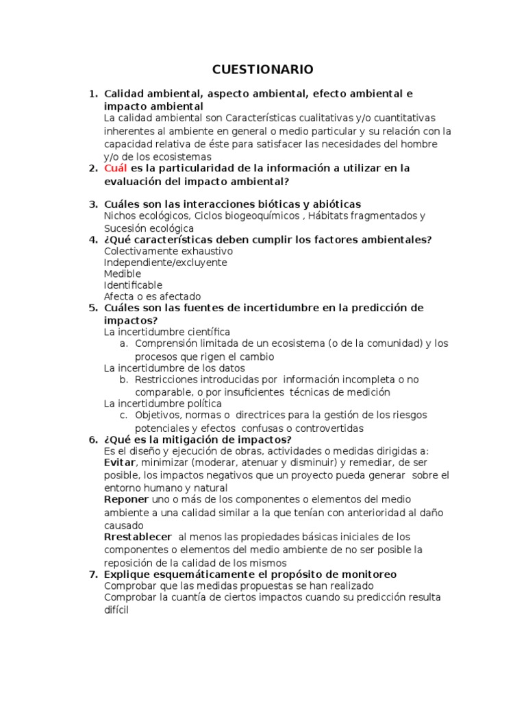 Cuestionario Impacto Ambiental | PDF | Evaluación de impacto ambiental ...
