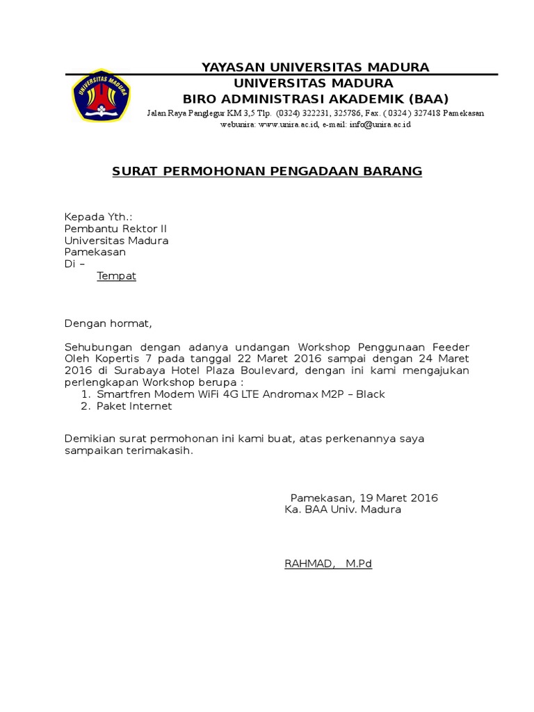 Surat Permohonan Pengadaan Barang