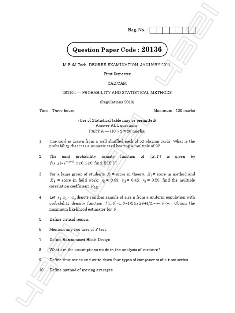 Probability and Statistical Methods Exam | PDF | Correlation And ...