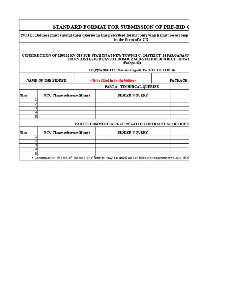Pre Bid Query & Clarification Format