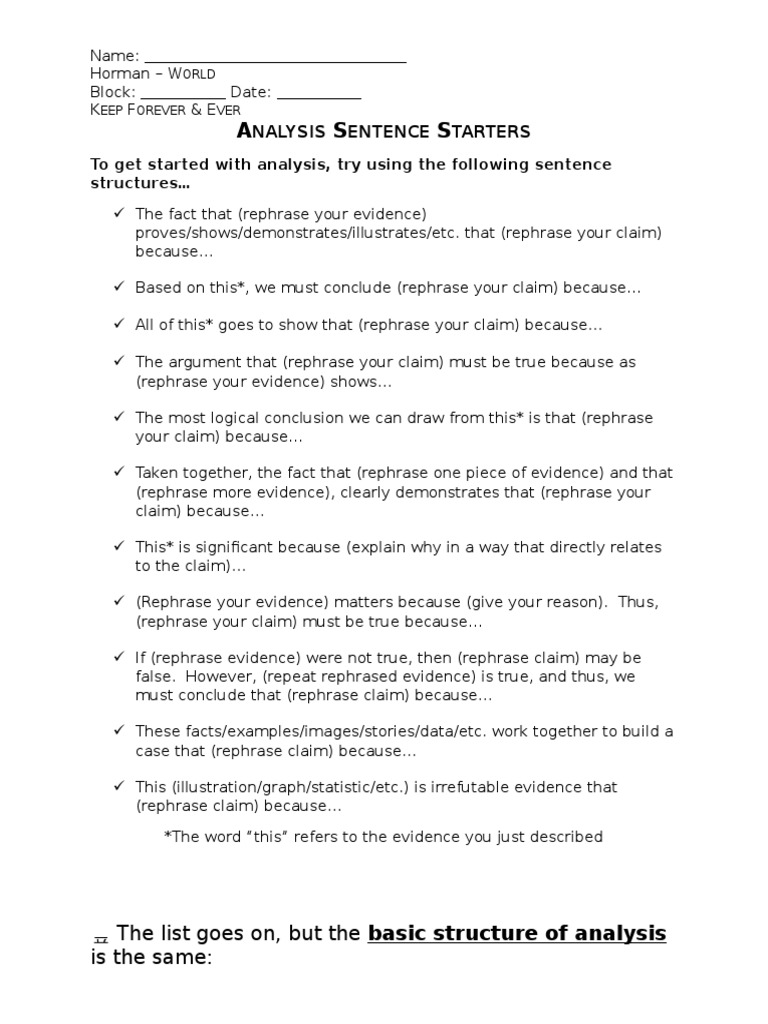 sentence starters literary essay