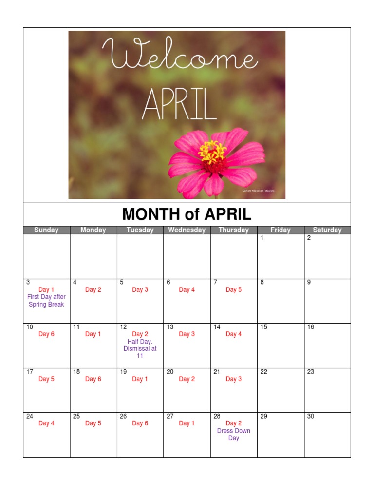 April School Calendar 2023 | PDF