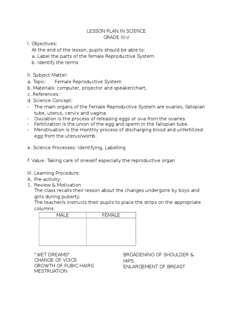 A Semi Detailed Lesson Plan In Science Reproductive System Menstruation