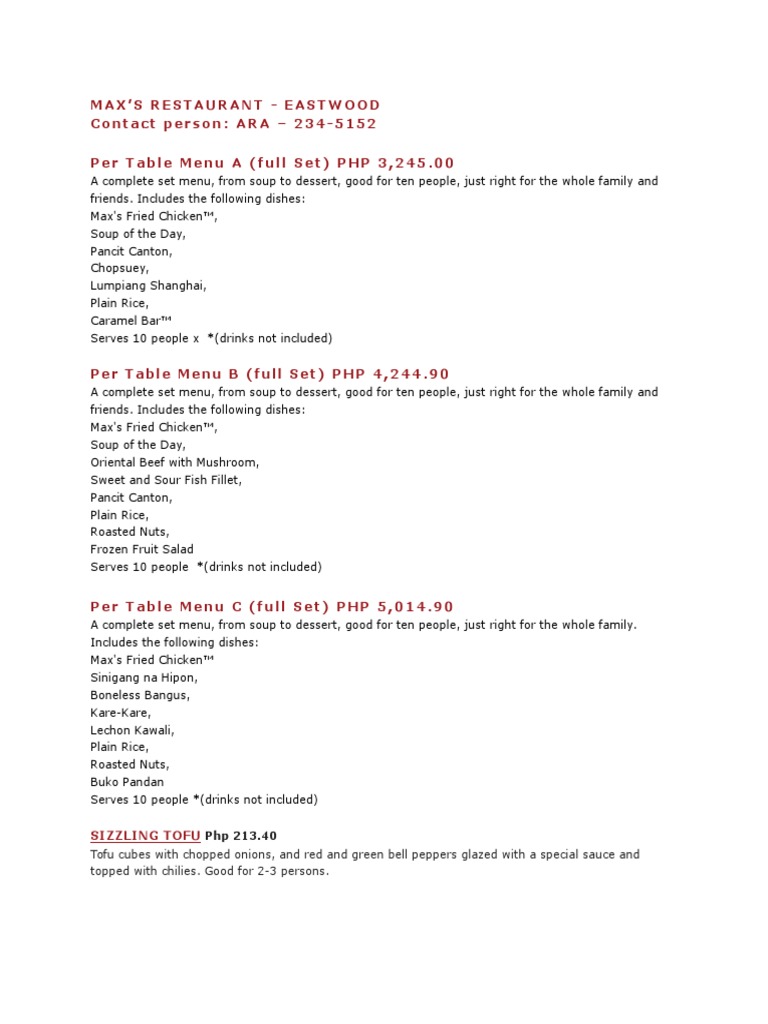 Max's Restaurant Family Set Menus | PDF