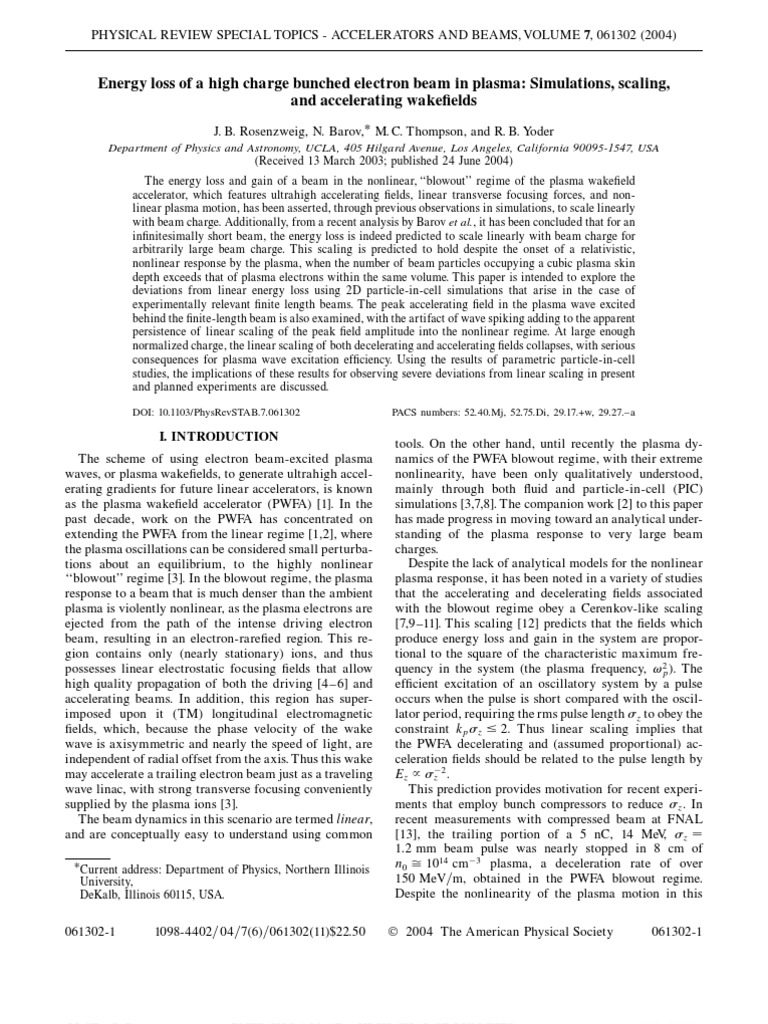Energy Loss of A High Charge Bunched Electron Beam in Plasma ...