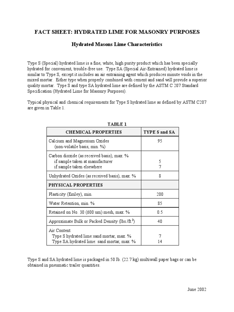 Hydrated Lime for Masonry Purposes Lime (Material) Mortar (Masonry)