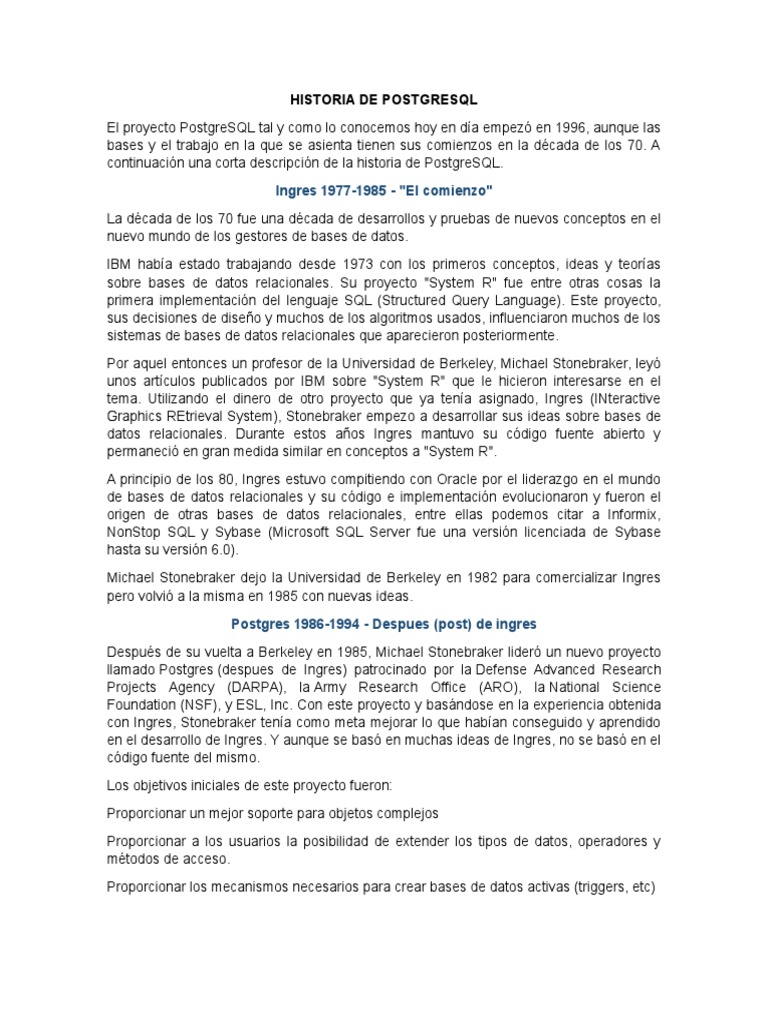 Historia de PostgreSQL y sus orígenes | PDF | Postgre Sql | Bases de datos