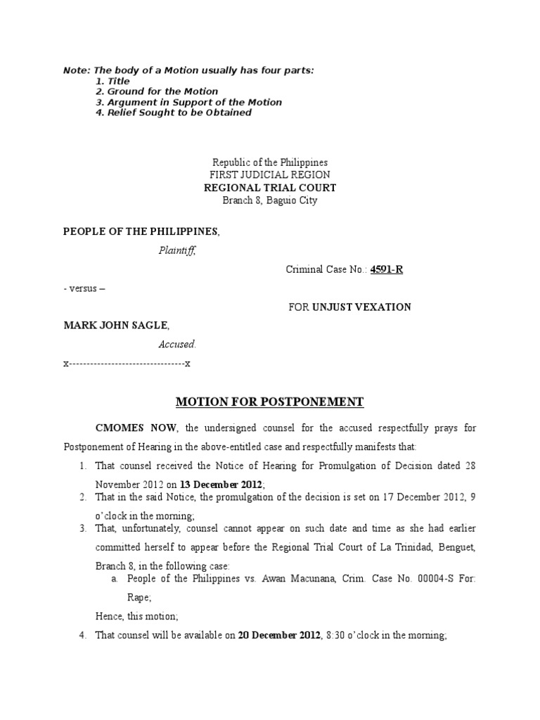 Motion for Postponement