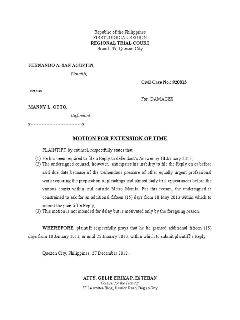 Motion for Extension of Time Government Institutions Separation Of