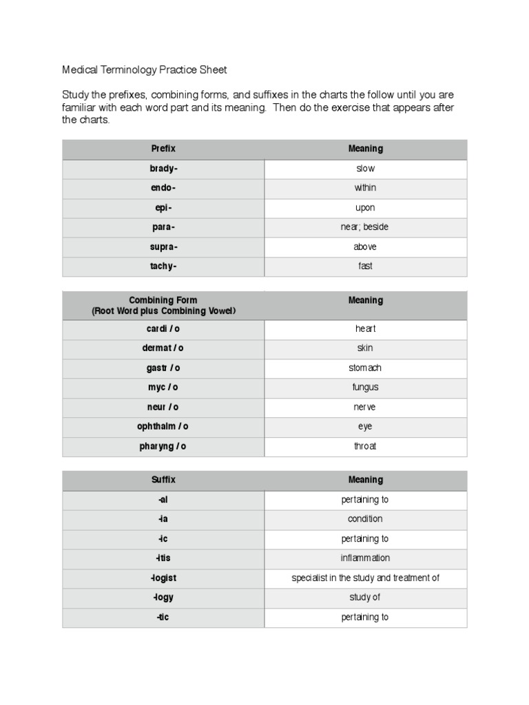 Medical Terminology Practice Sheets Medical Specialties Medicine