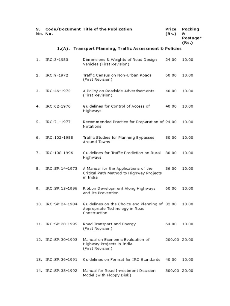 List of IRC Codes PDF Road Surface Asphalt