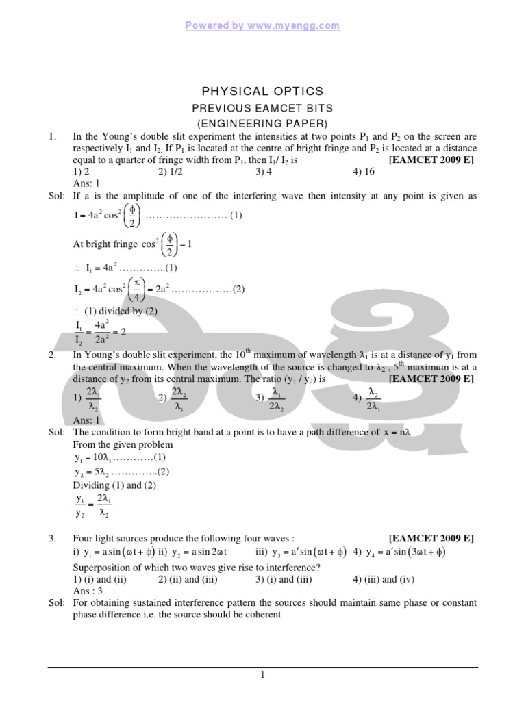 Physical Optics Concepts and Problems | PDF | Diffraction | Wavelength