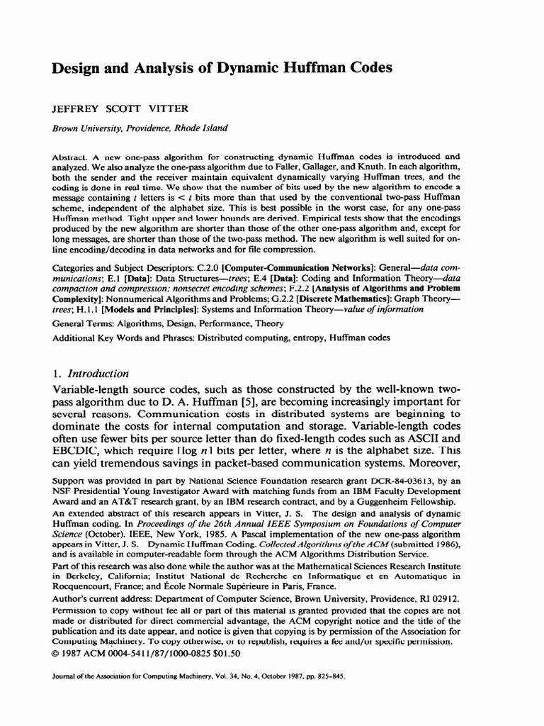 Design and Analysis of Dynamic Huffman Codes: Jeffrey Scott Vitter ...