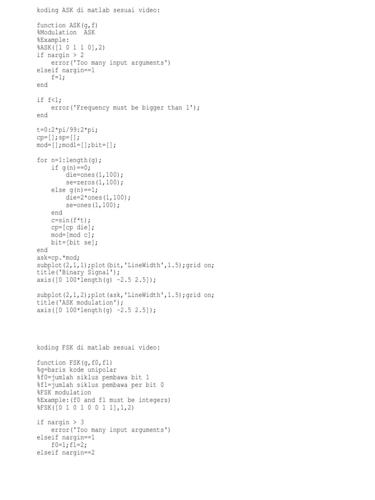 Koding Ask Fsk Psk Di Matlab Sesuai Tutorial