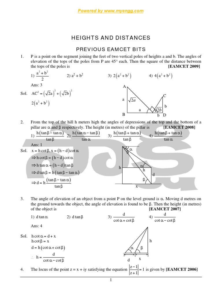 Heights and Distances EAMCET Problems | PDF | Trigonometric Functions ...