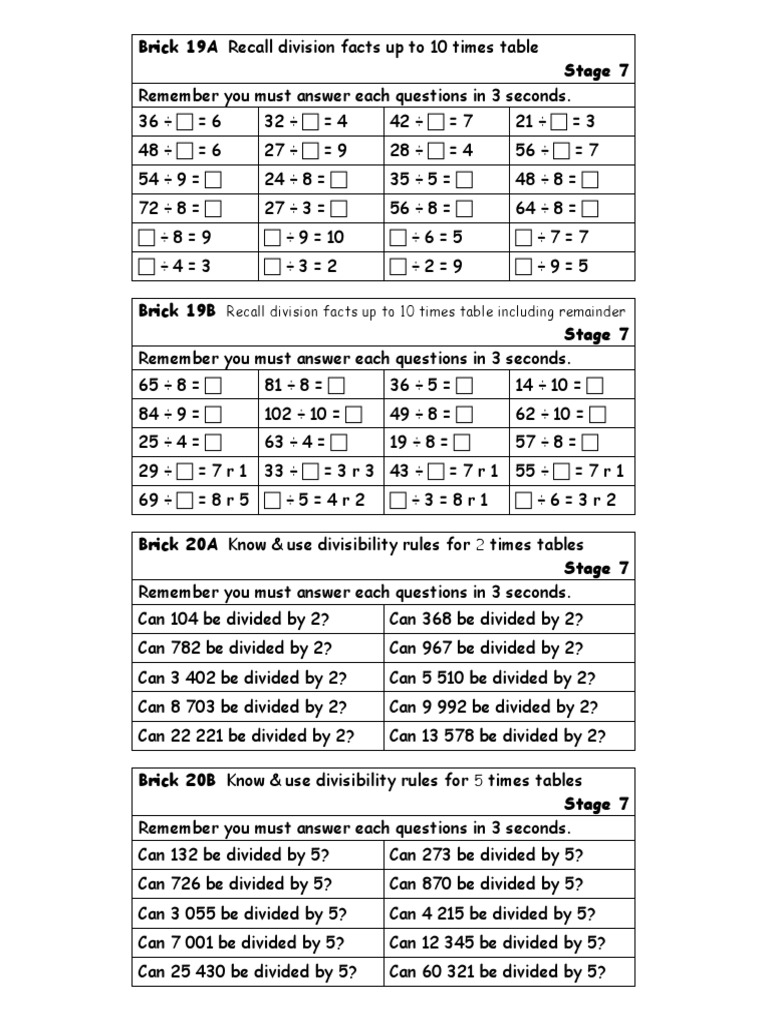 Division Facts and Rules for Stage 7 | PDF | Numbers | Teaching Mathematics
