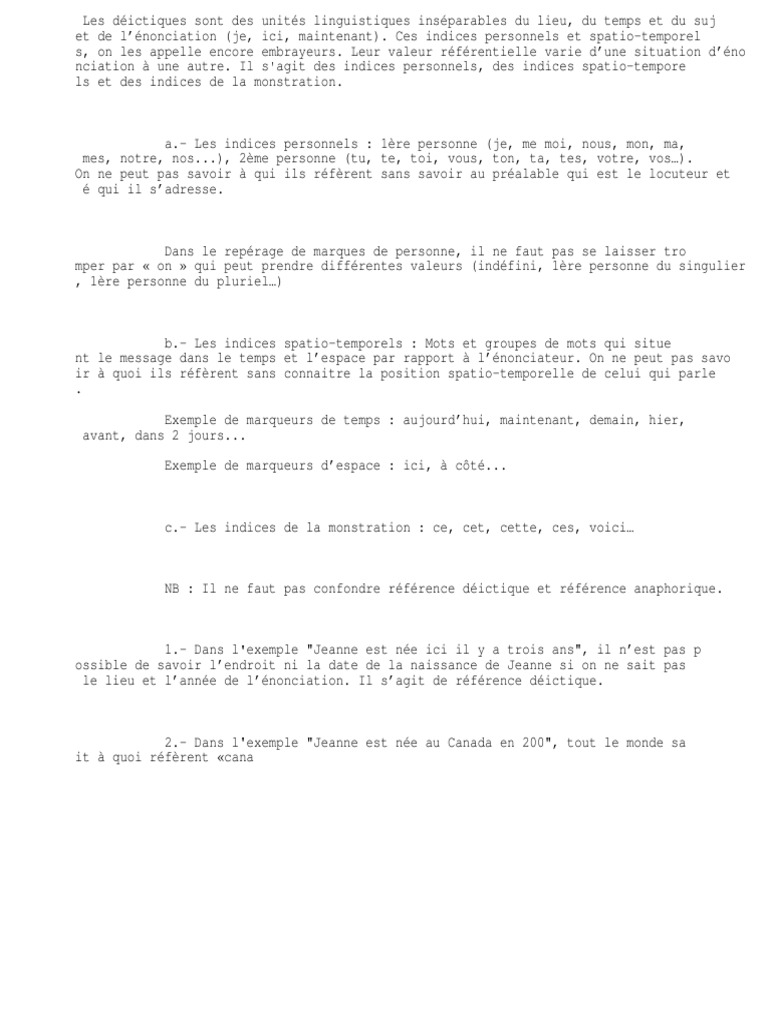 Déictiques : indices personnels et spatiaux | PDF | Arts du langage et ...