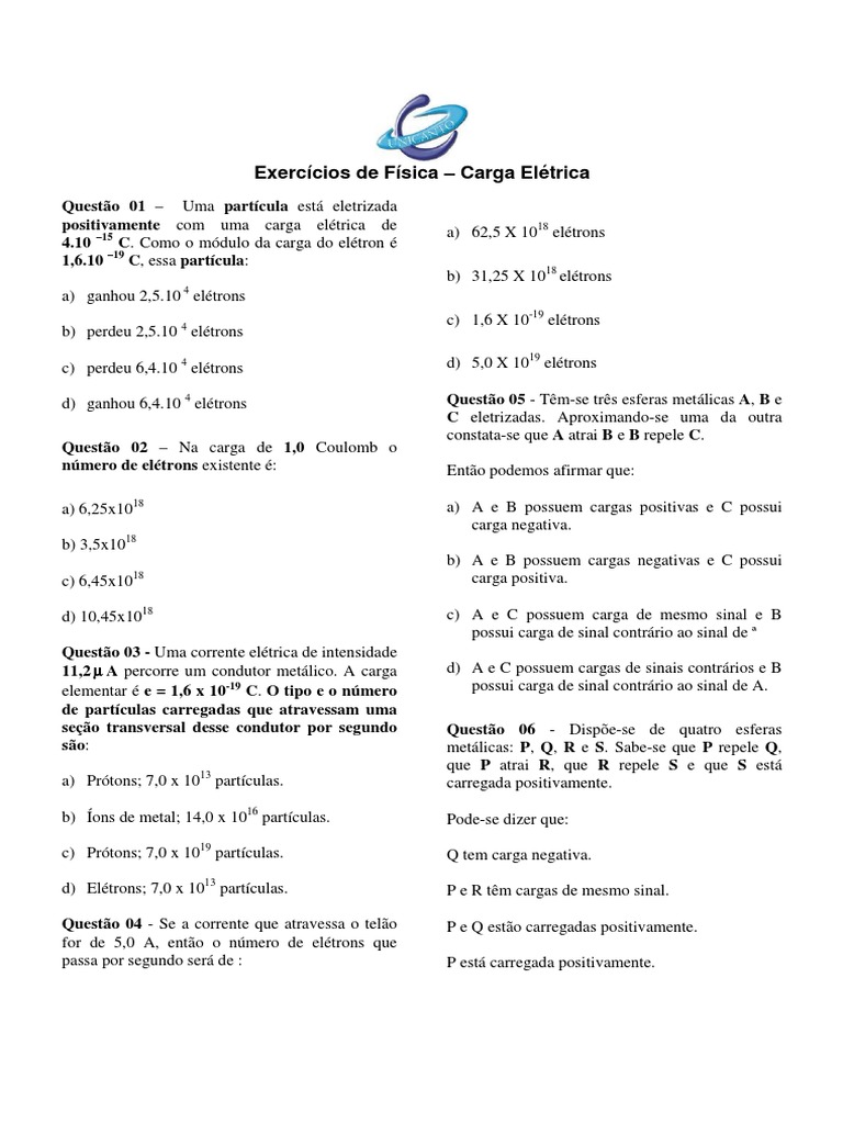 Exercícios de Física sobre Carga Elétrica | PDF | Carga elétrica | Elétron