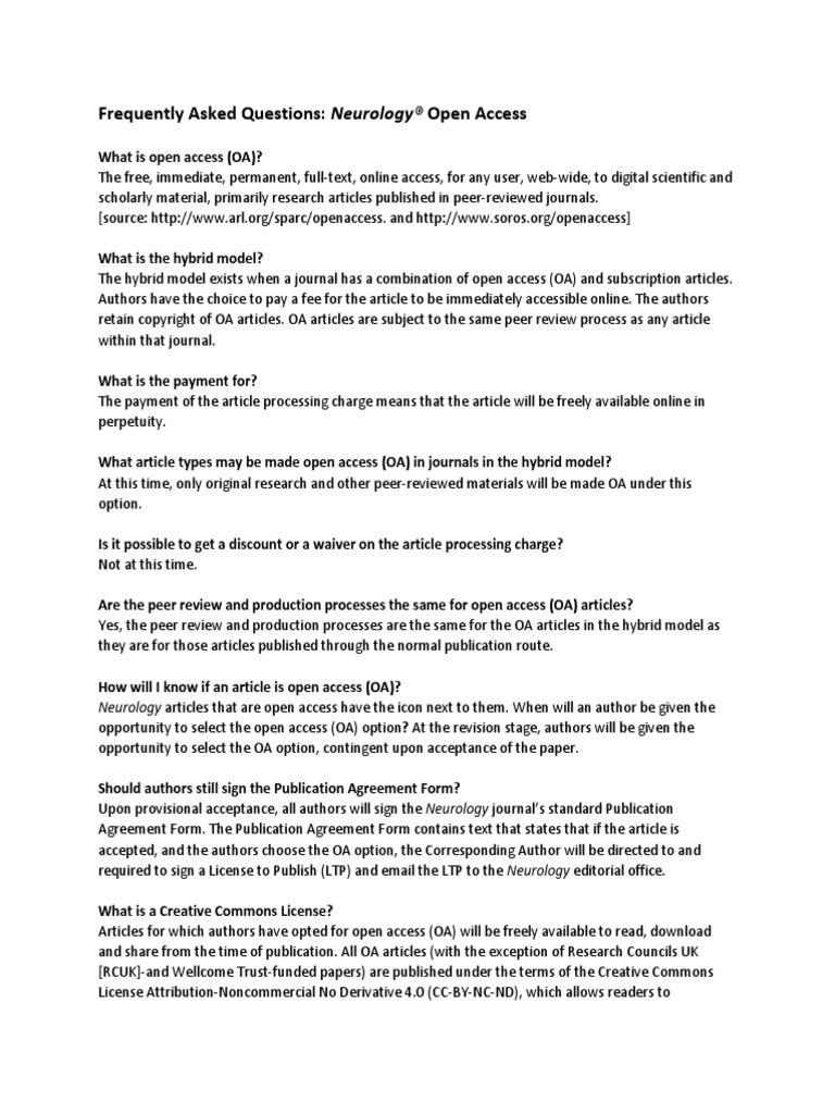 Frequently Asked Questions: Neurology® Open Access | PDF | Open Access ...
