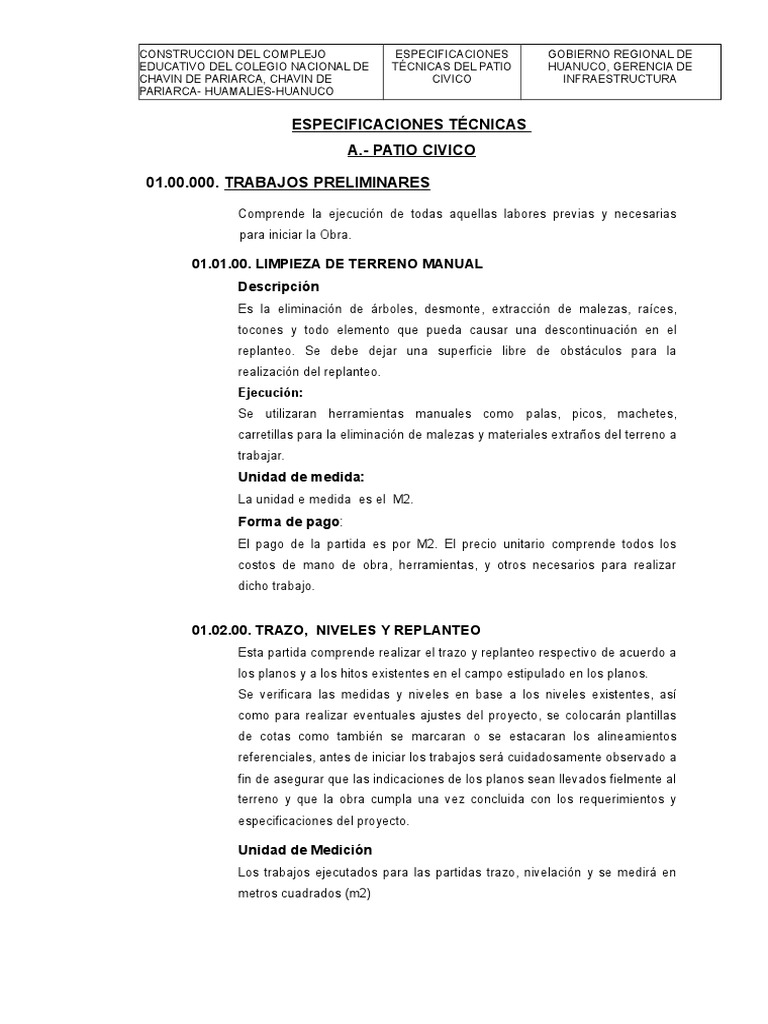 Especificacion Tecnicas Del Patio Civico | Hormigón | Cemento