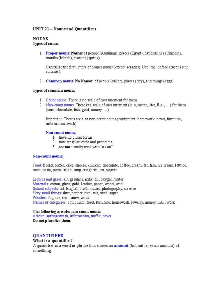 UNIT 21 - Nouns and Quantifiers Nouns | PDF | Noun | Grammatical Number