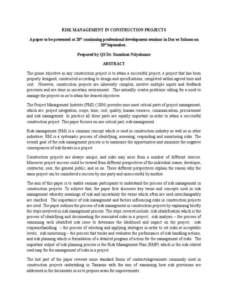 Risk Management in Construction Projects - Abstract | PDF | Risk ...