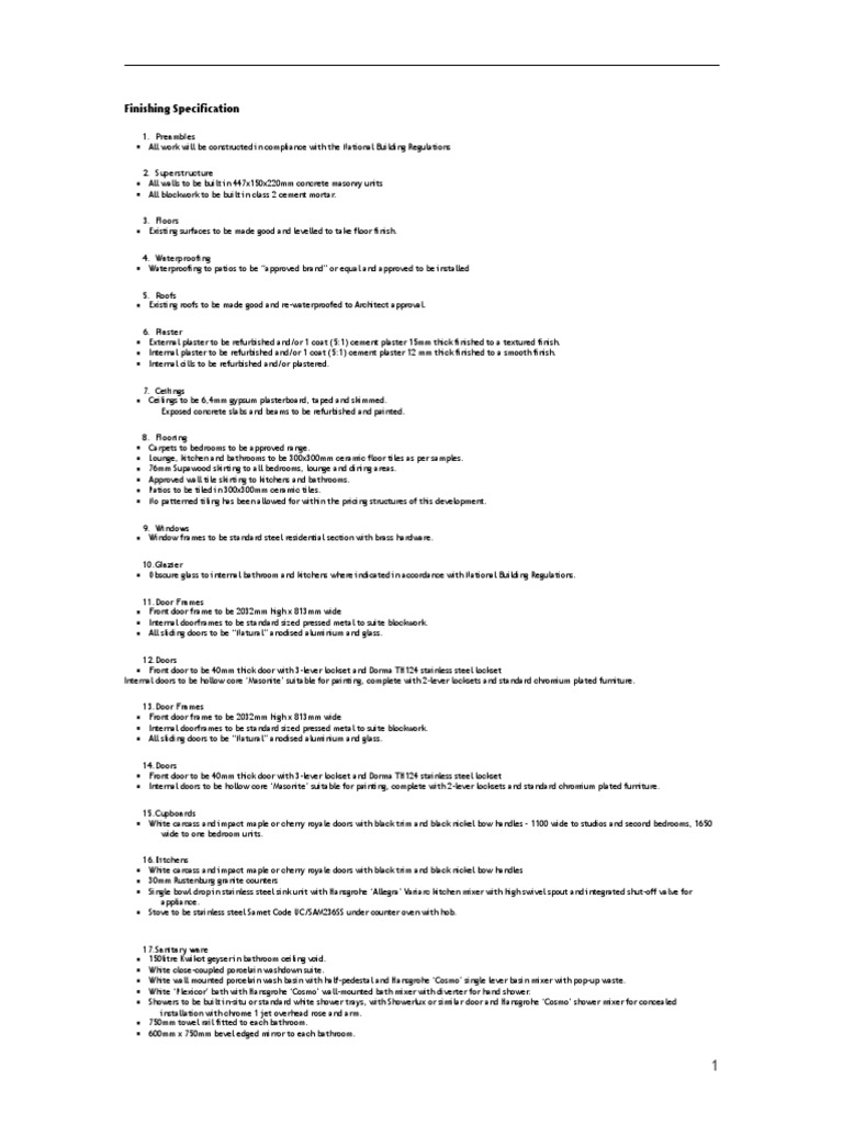 Finishing Specification 1 Preambles Pdf Tile Framing Construction