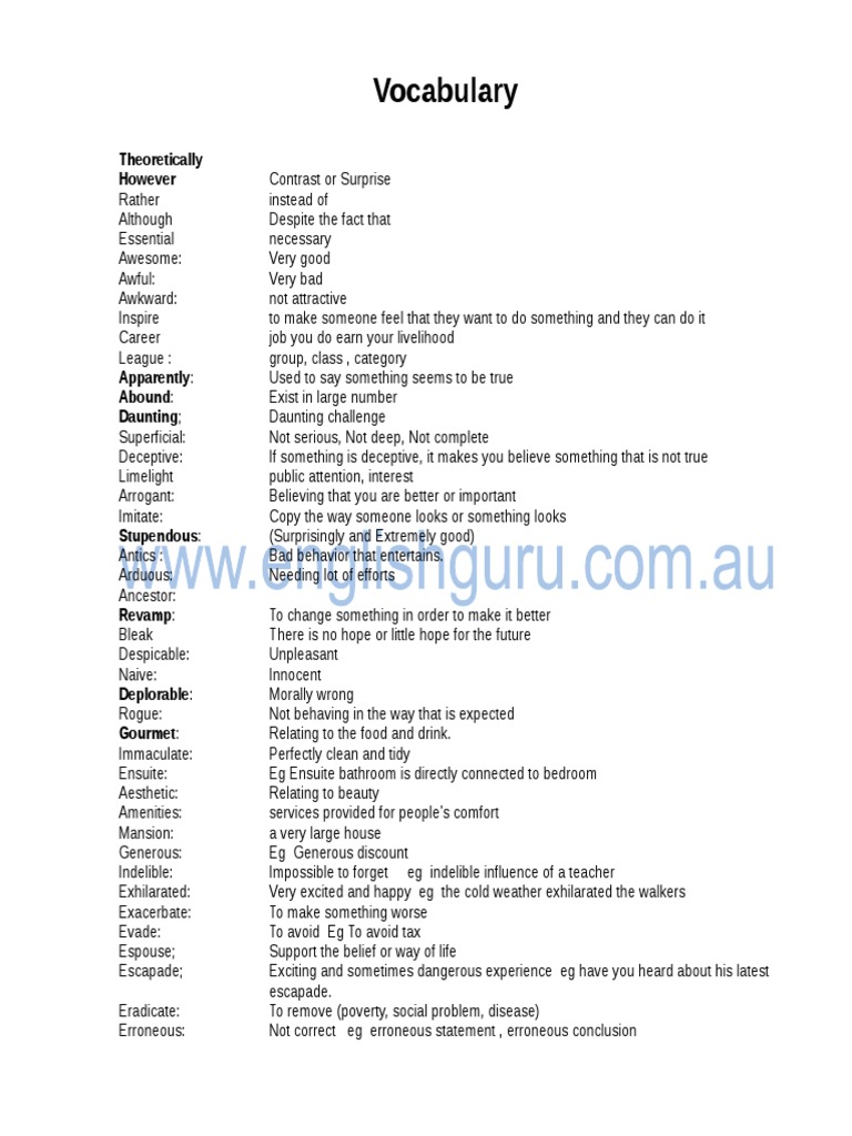 Vocabulary List For Pte Academic PDF Adolescence