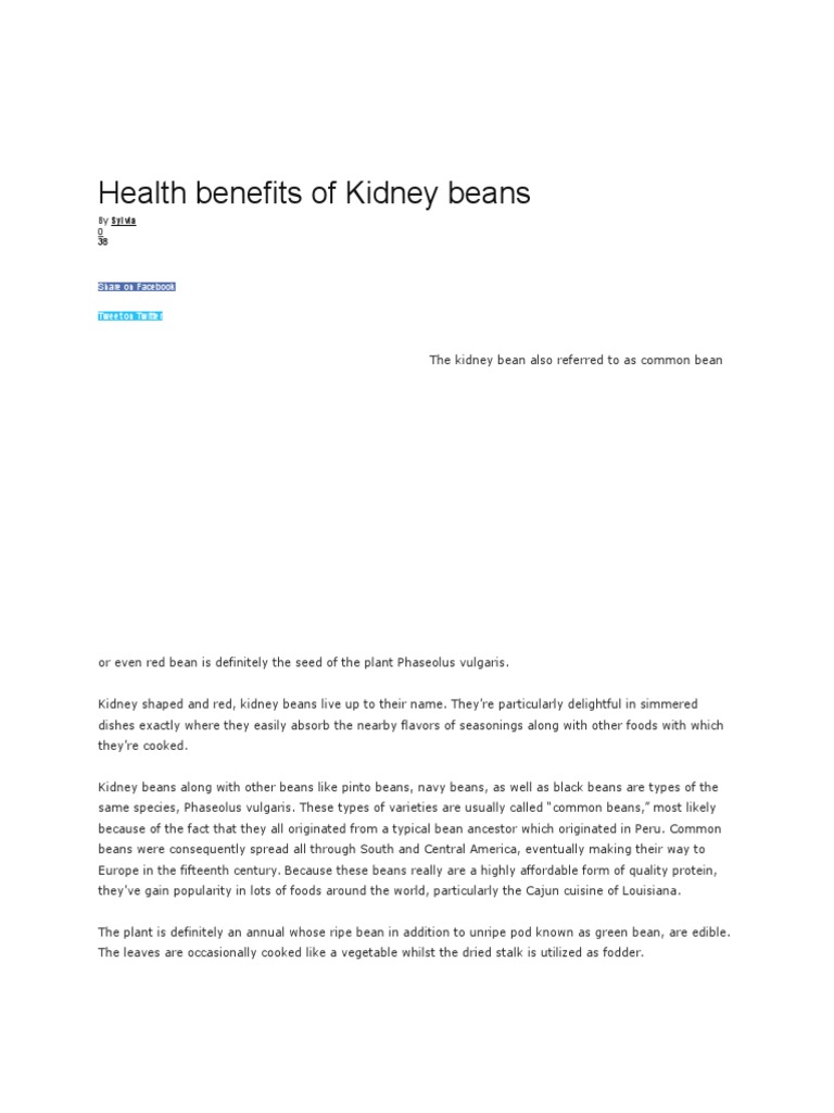 Health Benefits of Kidney Beans PDF Phaseolus Vulgaris Dietary Fiber