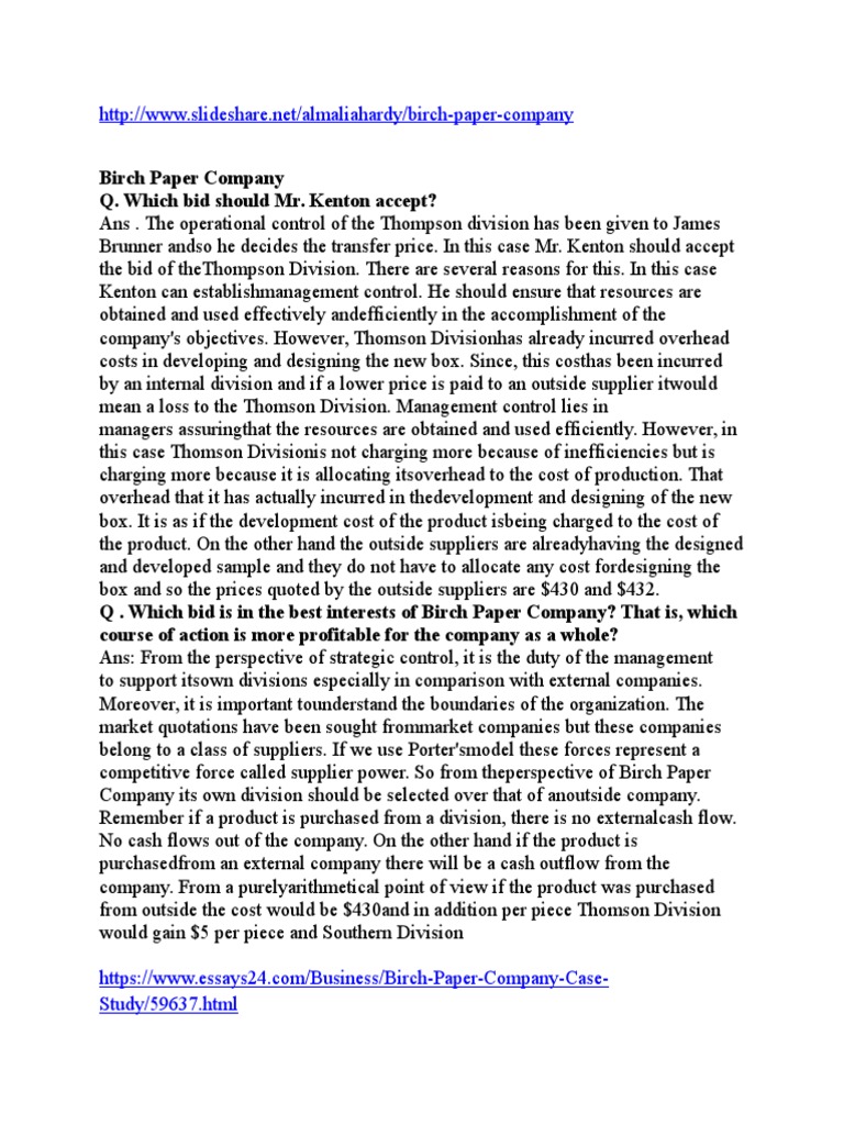 Birch Paper Company Q. Which Bid Should Mr. Kenton Accept? PDF Cost