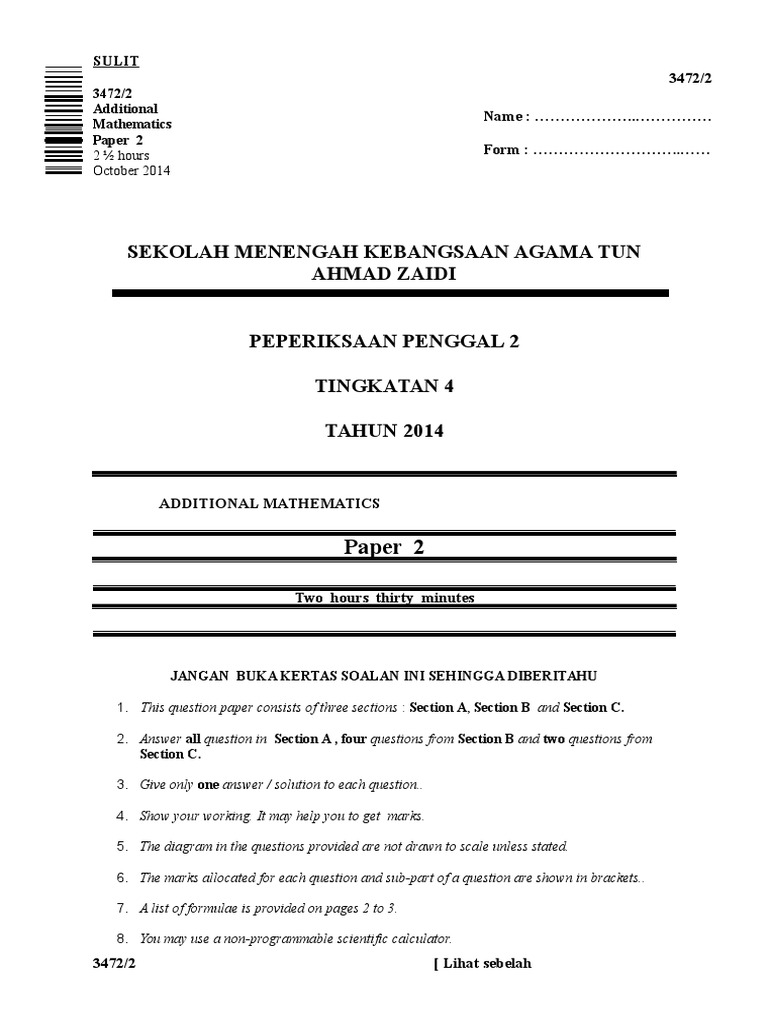 Paper 2 Add Math Form 4  Quadratic Equation  Triangle